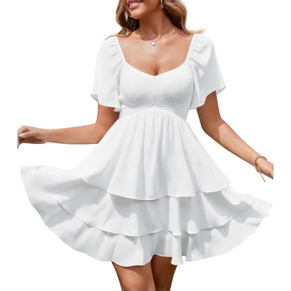 NEW Florboom Women’s Sweetheart Neckline Dress Smocked Tiered Skirt White size L